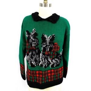 VTG Talbots Woman Hand Knit Intarsia Sweater Scottie Dogs PM Scottish Terrier